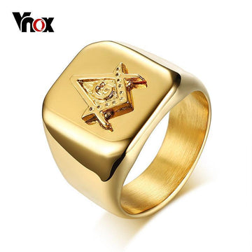 High Polished Stainless Steel Gold Tone Men's Masonic Compass Square Big Ring - The Jewellery Supermarket